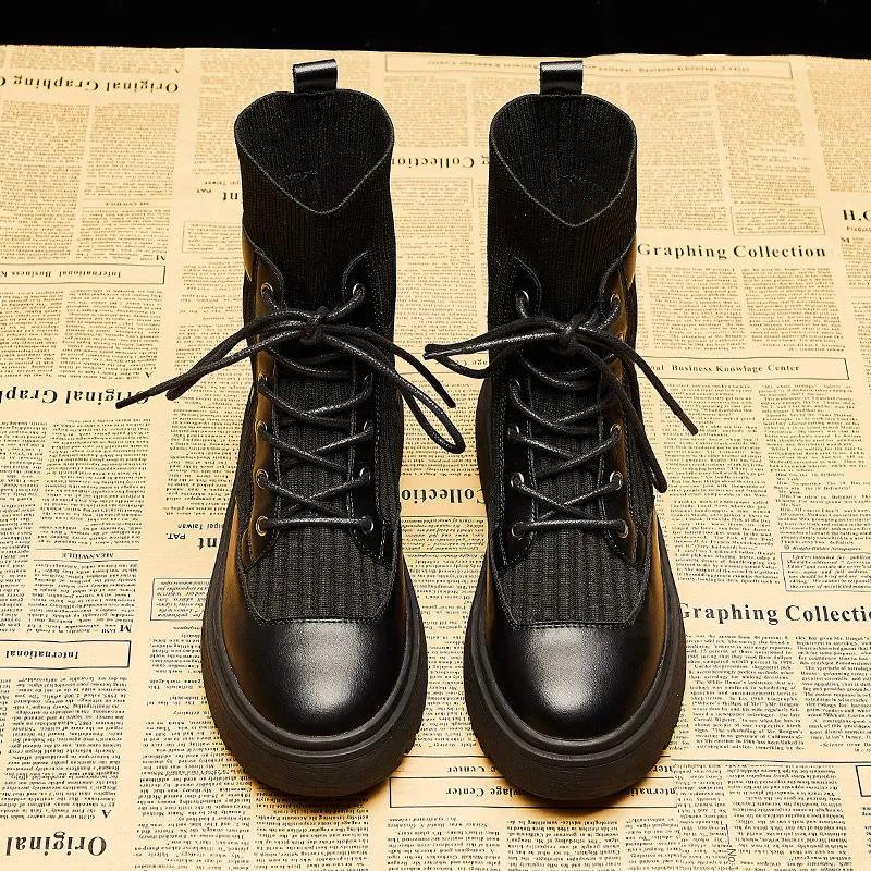 Martin Boots Women's Winter Knit Stitching Lace-up Ankle Boots Leather Thick-soled Motorcycle Boots