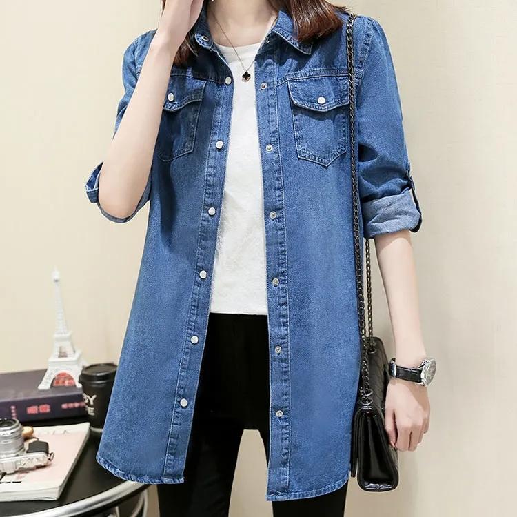 Denim Shirt Thin Jacket Women's Long-sleeved Loose Shirt Jeans Jacket Mid-length Spring Bottoming Shirt Large Size