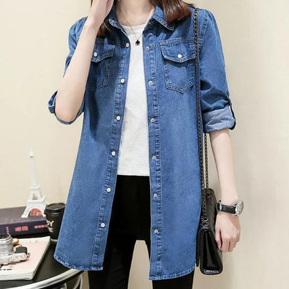 Denim Shirt Thin Jacket Women's Long-sleeved Loose Shirt Jeans Jacket Mid-length Spring Bottoming Shirt Large Size