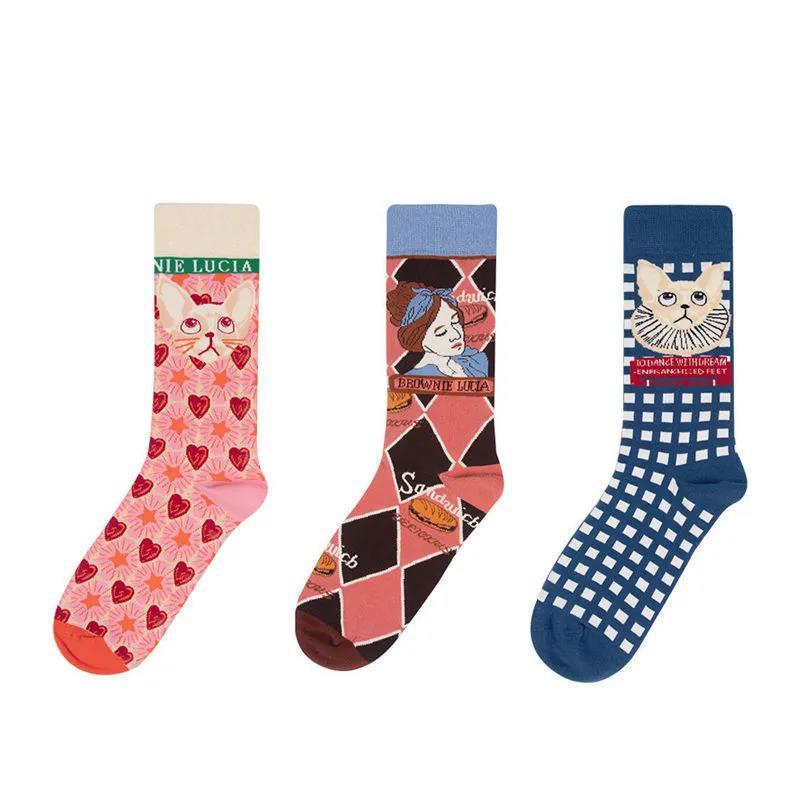 Three Pairs of Women's Socks Fashion Print Cartoon Pattern Socks Winter Thick Pile Pile Socks