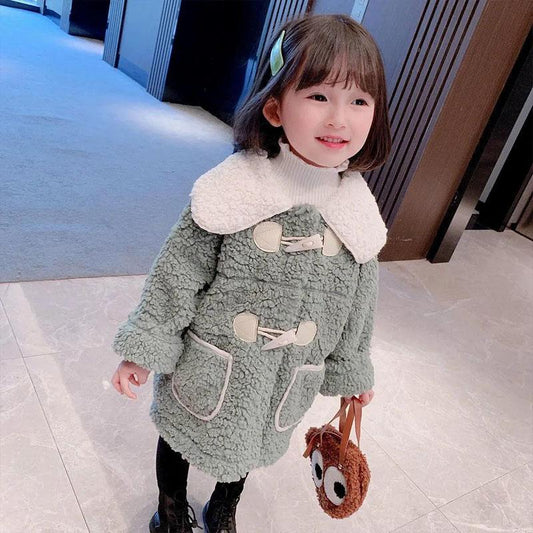 Girls Lamb Wool Coat Winter Plus Velvet Thickening To Keep Warm Foreign Girl Baby Horns Buckle Wool Sweater Warm Cotton Clothing