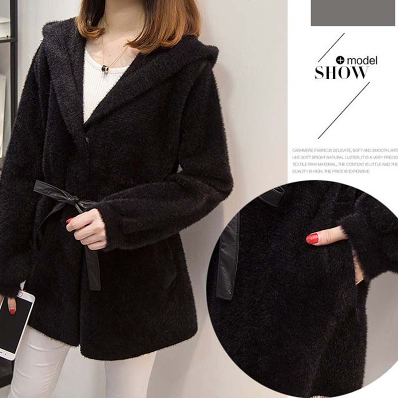Autumn and Winter, Women's Casual Hooded Waist, Water Velvet Cardigan Net Red Knit Jacket Loose
