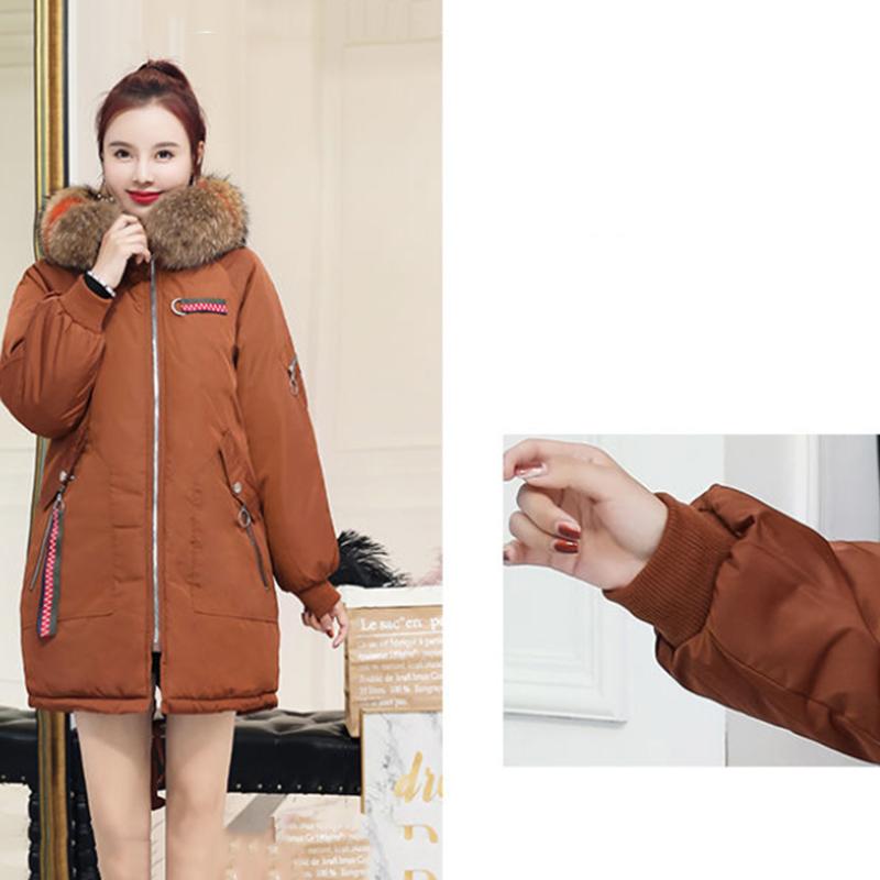 Women's Solid Color Embroidered Down Jacket Mid-length Korean Style Loose Thick Coat Warm Cotton Coat Large Fur Collar Winter Quilted Jacket