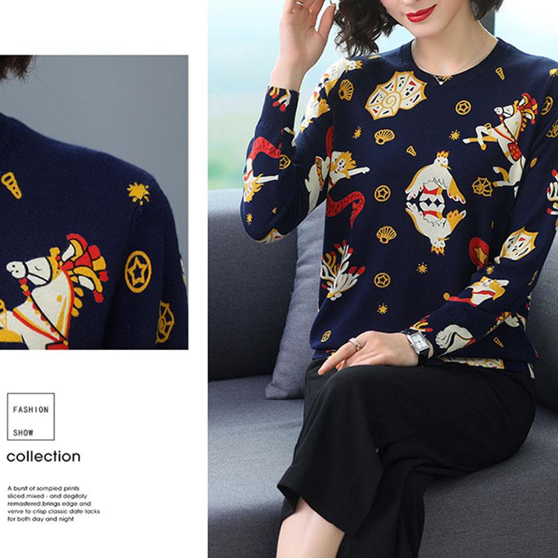 High Quality Woolen Sweater Spring Autumn Loose Knitted Sweater Print Women O-Neck Sweater Female Jumper Tops