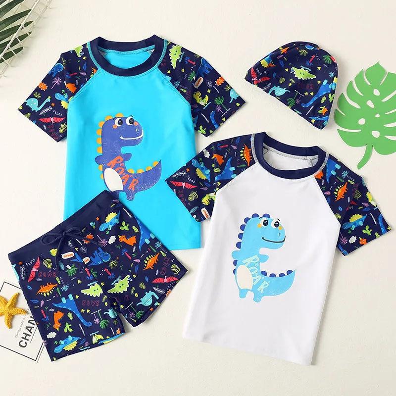 Children's Cartoon Dinosaur Printed Swimsuit Baby Boy Cartoon Separate Swimwear Summer Short-sleeved Swimming Trunks Suit Swimming Cap