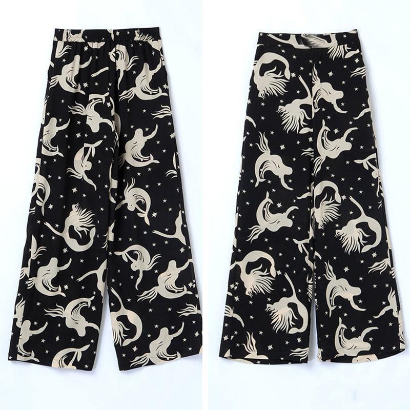 Black Suit Women's Summer Two-piece Suit Slim Wide-leg Pants + Long-sleeved Shirt Temperament Printed Suit Suit Women