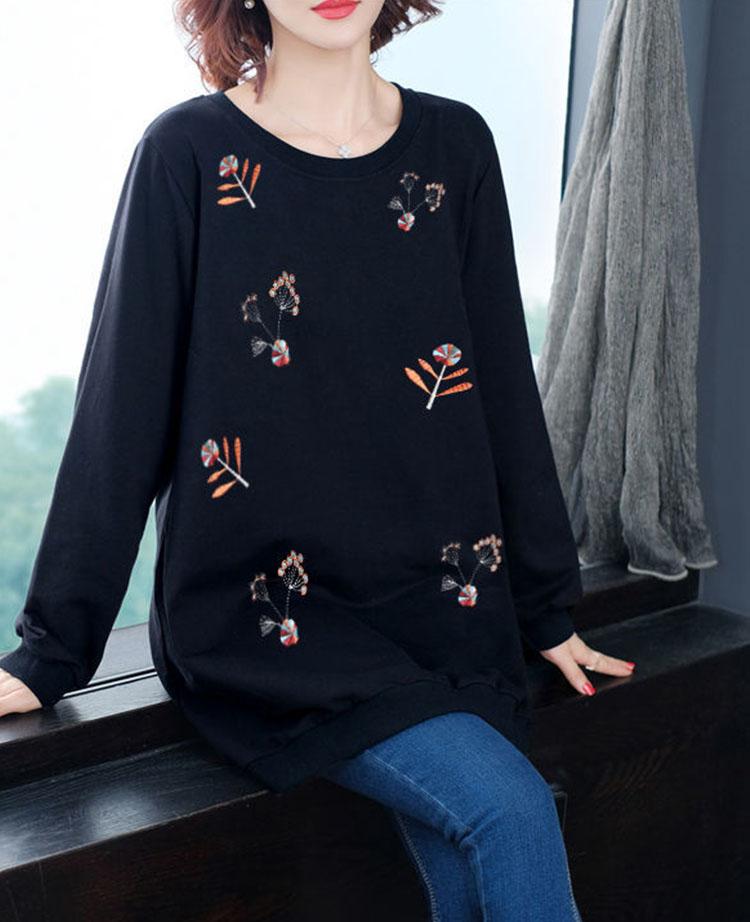 Women Loose T-shirt Long Sleeve Flower Embroidery Casual Round Neck T-shirt Ladies Pullover