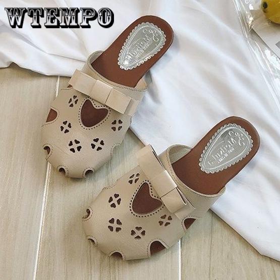 Summer Bow Carved Baotou Flat Bottom Half Drag Student Shoes