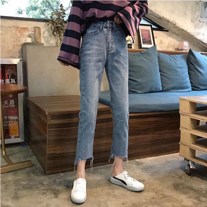 WTEMPO Retro High-waisted Jeans Schoolgirl  Thin Loose Straight Comfortable and Elastic Nine Pants