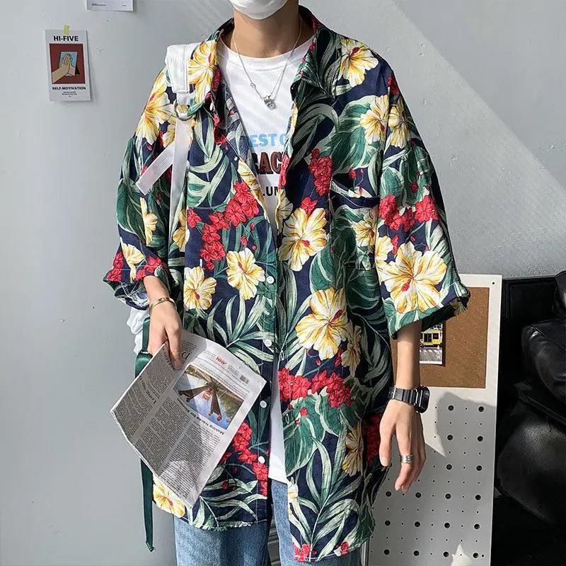 Men Tees Hawaiian Shirt Beach Print Tee Plus Size Loose Overshirt Half Sleeve Retro Clothes Casual Male Undies Button Up Top Summer