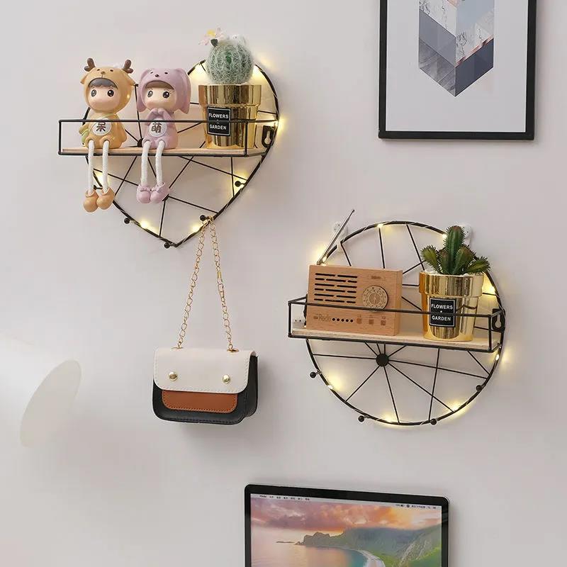 Nordic Modeling Metal Decorative Rack Wall Display Platform Living Room Art Storage Shelf with Light Strip
