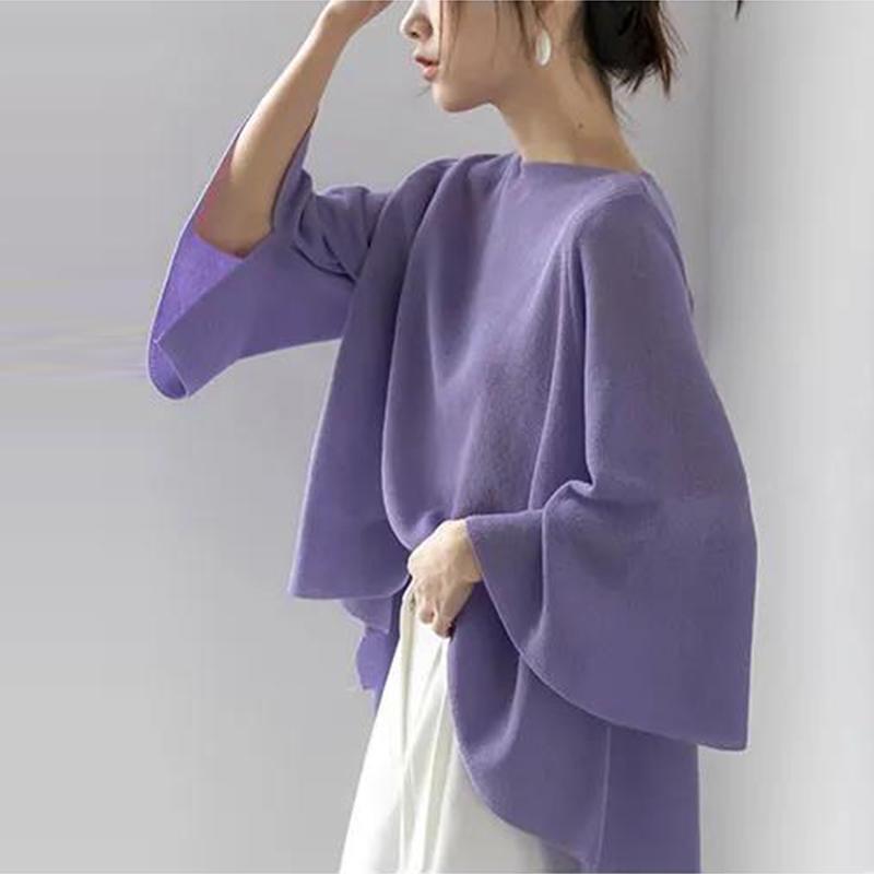 Knit Sweater Women Loose T-shirt Thin Spring, Summer and Autumn Trumpet Three-quarter Sleeves One-shoulder Top