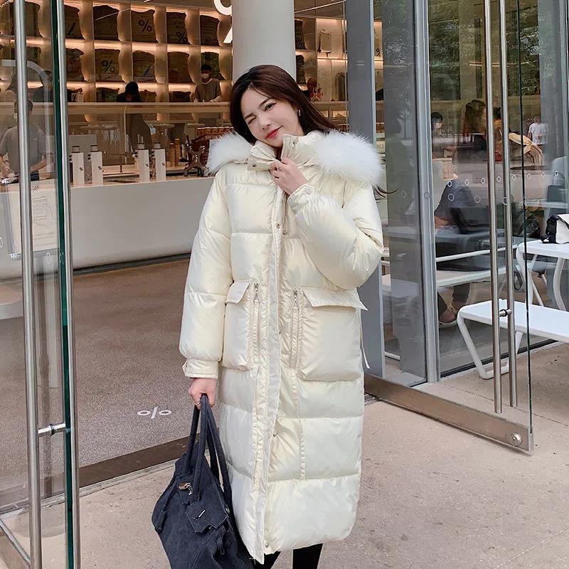 Shiny Down Cotton Jacket Fashion Color Hooded Jacket Winter Thicken Warm Long Over-the-knee Cotton Jacket Suitable for Women