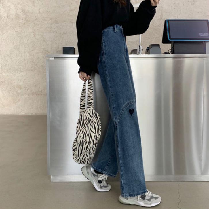 Love Embroidery Jeans Men and Women Loose Retro Washed Wide Leg Straight Pants Chinese Version Trend All-match Casual Long Pants