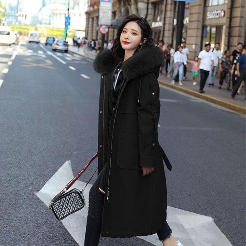 Winter Women's Parka Coat with Hood and Large Fur Collar Coat Plus Velvet Padded Padded Mid-length Over-the-knee Parka Coat