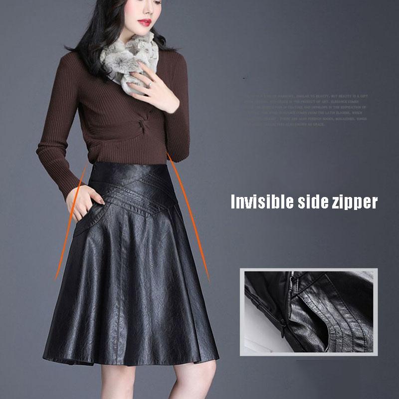 Black Ladies PU Leather Skirts Women Casual High Waist Zipper Solid Female Knee-length  A-Line Skirt with Pocket
