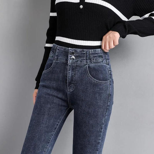 Spring and Autumn High Waist Stretch Straight Jeans Female Student Korean Slim Thin All-match Trousers Female Trend