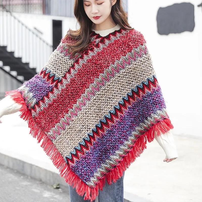 Ladies Ethnic Style Shawl Spring Autumn Striped Shawl Colorful Loose Coat Wild Bat-shaped Knitted Tassel Cloak Shawl Multifunctional Scarf Shawl