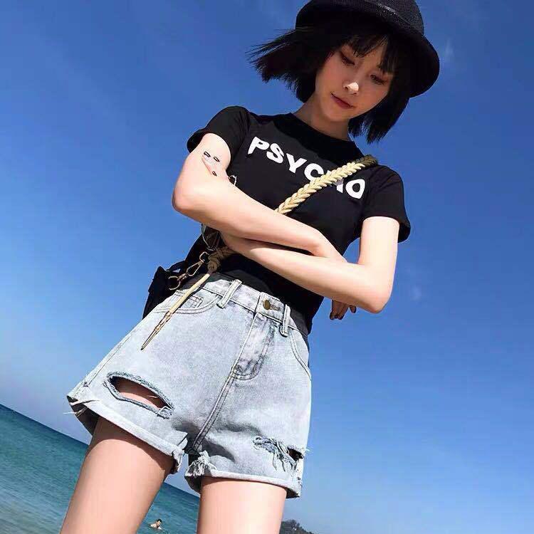 WTEMPO Women Loose  Solid Color Ripped Denim Shorts Spring and Summer Wide Leg A-line Thin Curled Bottom Casual Shorts
