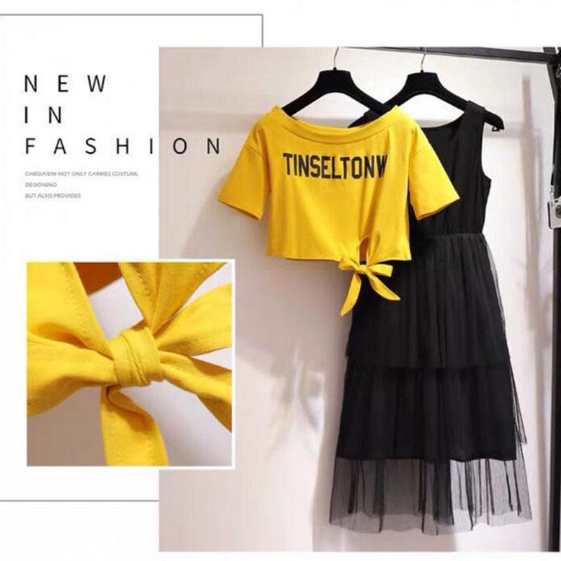 Summer Plus  Size Two-piece Set  Women Short Bow Crop Top T-shirt and Mesh Multi-layer Skirt 2 Piece Set