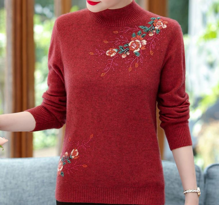Women's Half Turtleneck Pullover Knitwear Fashion Sticky Diamond Print Long Sleeve Sweater Large Size Loose Cropped Top