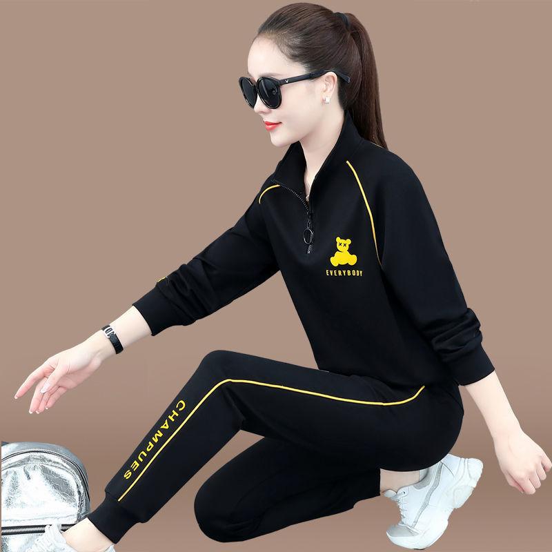 Sports and Leisure Suit Women Loose Stand-up Collar Sweater Running Clothes Two-piece Long-sleeved Trousers Sweat-absorbent and Breathable