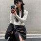 Women Sexy Tight Black Leather Skirt A-lineShort Skirt  Split Fork Zipper Club Casual Home Office