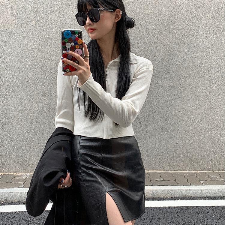 Women Sexy Tight Black Leather Skirt A-lineShort Skirt  Split Fork Zipper Club Casual Home Office