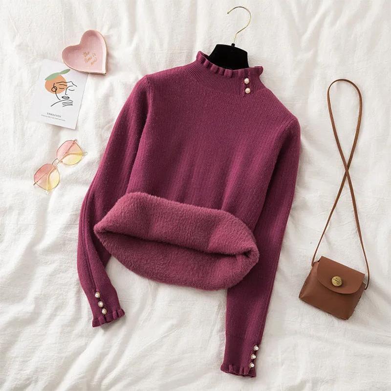 Omen's Sweater Thickened Velvet Half High Collar Autumn Winter All-match Thinner Knitted Bottoming Shirt Warm Clothes Women