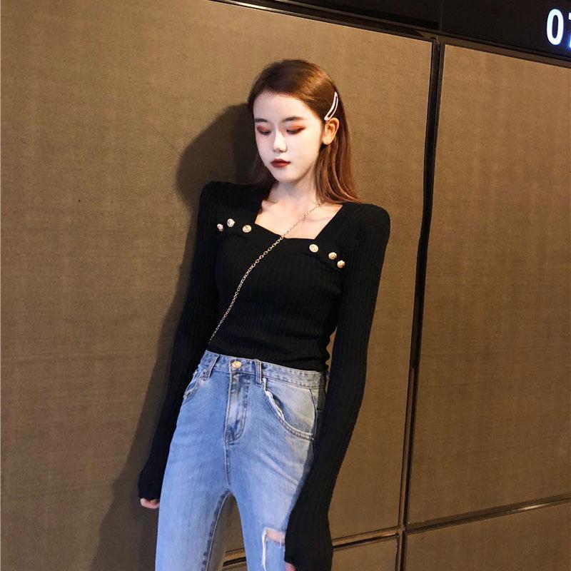 Spring and Autumn All-match Tight Top with Sexy Knit Bottoming Shirt Fashionable Slim Female Top
