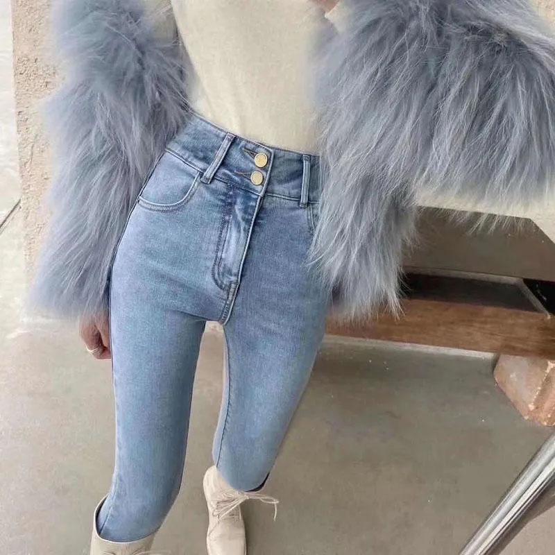 Double Button Women's High Waist Jeans Pencil Pants Korean Style Elastic Thin and High Pencil Pants Ladies Leggings