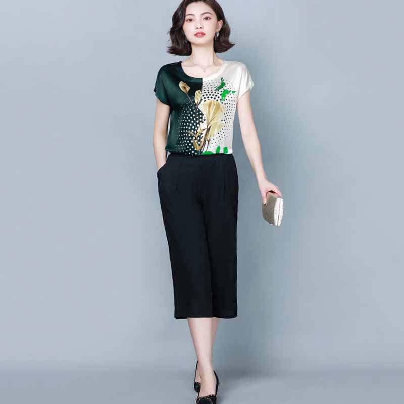 Short-sleeved Round Neck T-shirt Sunscreen Ice Silk Fabric Ladies Plus Size Loose Casual Printed Top Women