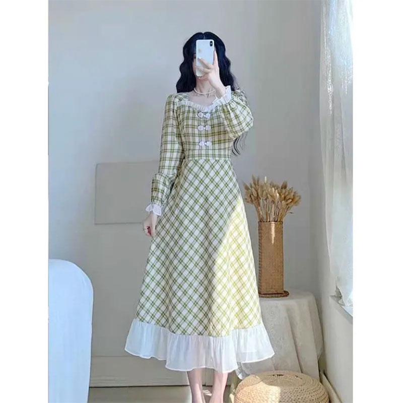 Mint Green Plaid Skirt Skirt Waist Slim French Retro Gentle Fairy Temperament Age-reducing Dress