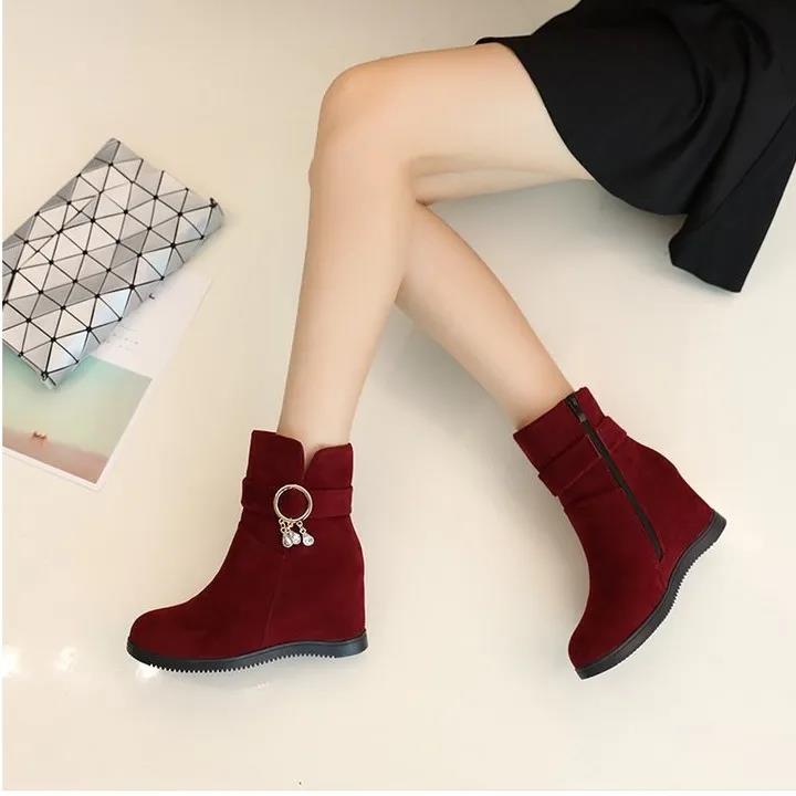 Fall and Winter Plus Velvet Flat-bottomed Inner Height Shoes Wedge Heel Short Tube Women's Cotton Boots