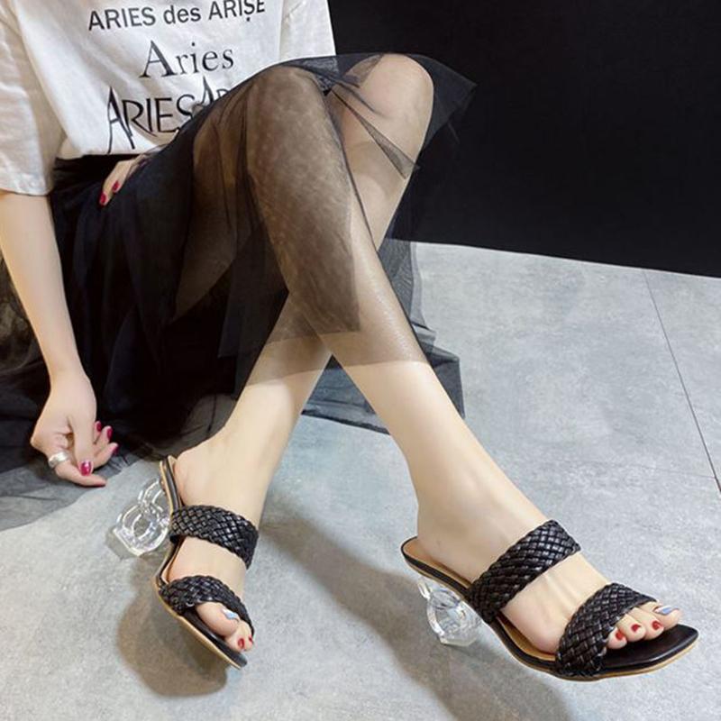 High-heeled Slippers Women's Summer Wear Fashion Woven Sandals Bohemian Ethnic Style Crystal Thick Heel Women's Summer Wear