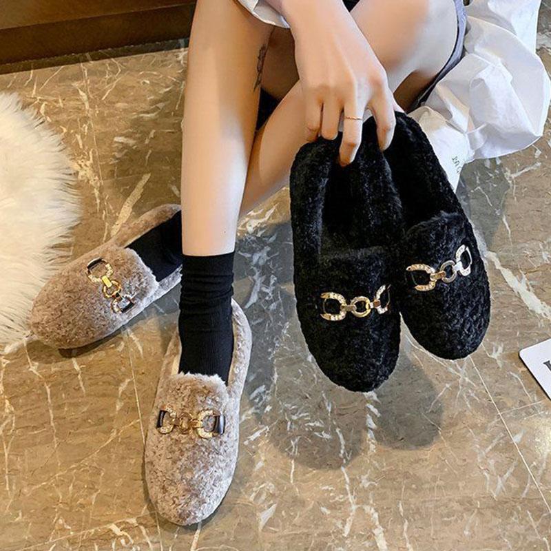 Women Winter Warm Faux Fur Flat Shoes Casual Fuzzy Loafers Ladies Slip on Plush Shoes Large Size 35-43