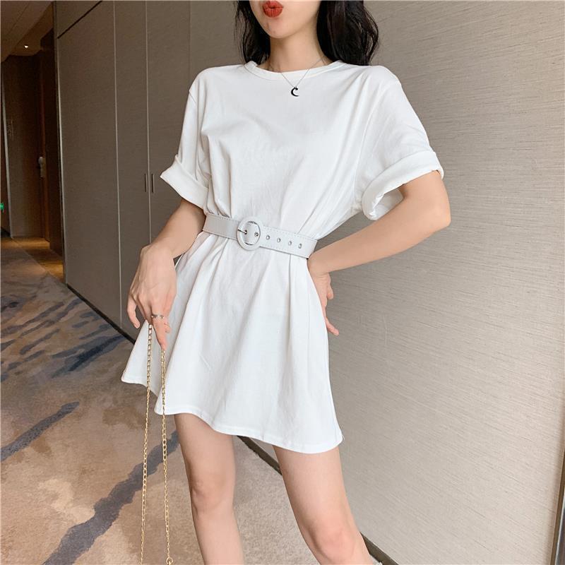 Send A Belt T-shirt Female Mid-length Short-sleeved Loose All-match T-shirt Dress Solid Color Students