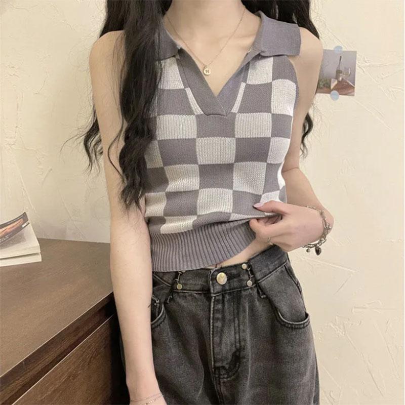 Short Checkerboard Slim Ice Silk Knitted Vest for Women with A Sense of Niche Outside Wearing Polo Collar Sleeveless Top