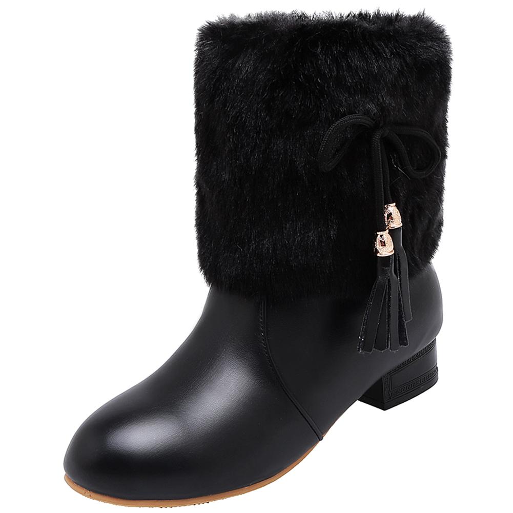 Snow Boots Short Plush Fleeces Square Heel Round Toe Slip On Solid Mid Calf Butterfly Knot Winter Boots Woman
