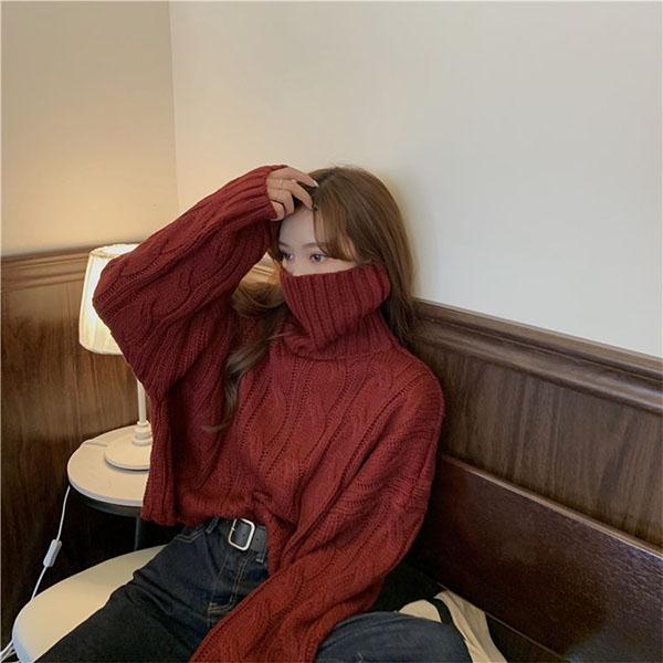 Lazy Style Loose Turtleneck Sweater Female Students Solid Color All-match Hedging Twist Knit