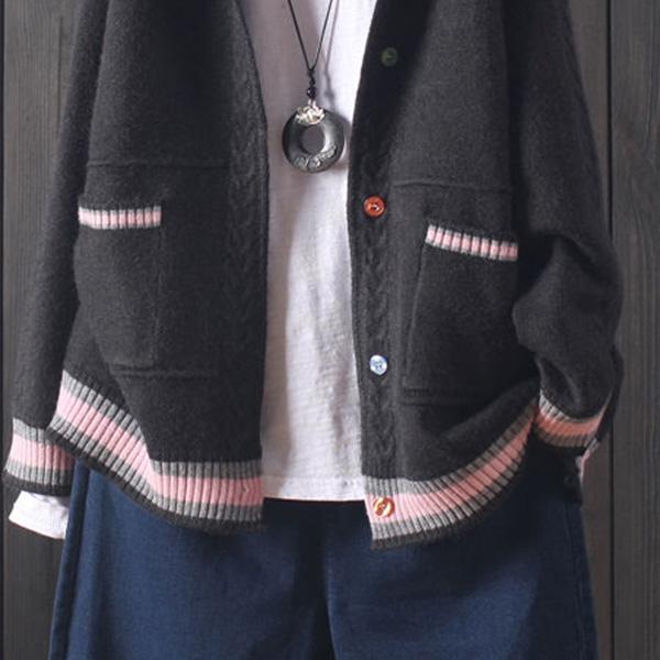 Women's Splicing Color Long-sleeved Sweater Early Autumn Hooded Knitted Cardigan Loose Button V-neck Top All-match