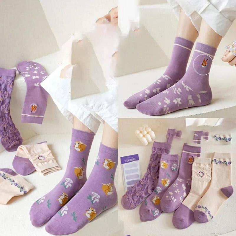 Five Pairs of Women's Socks Fashion Print Cartoon Pattern Socks Winter Thick Warm Pile Pile Socks