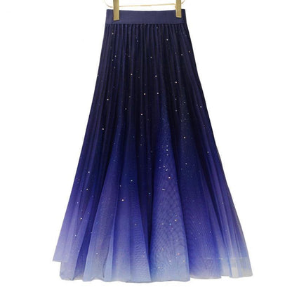 Starry Sky Gradient Color Skirt High Waist Sequined Mid-length Mesh Gauze Large Swing Skirt Women's A-line Skirt Dream Skirt