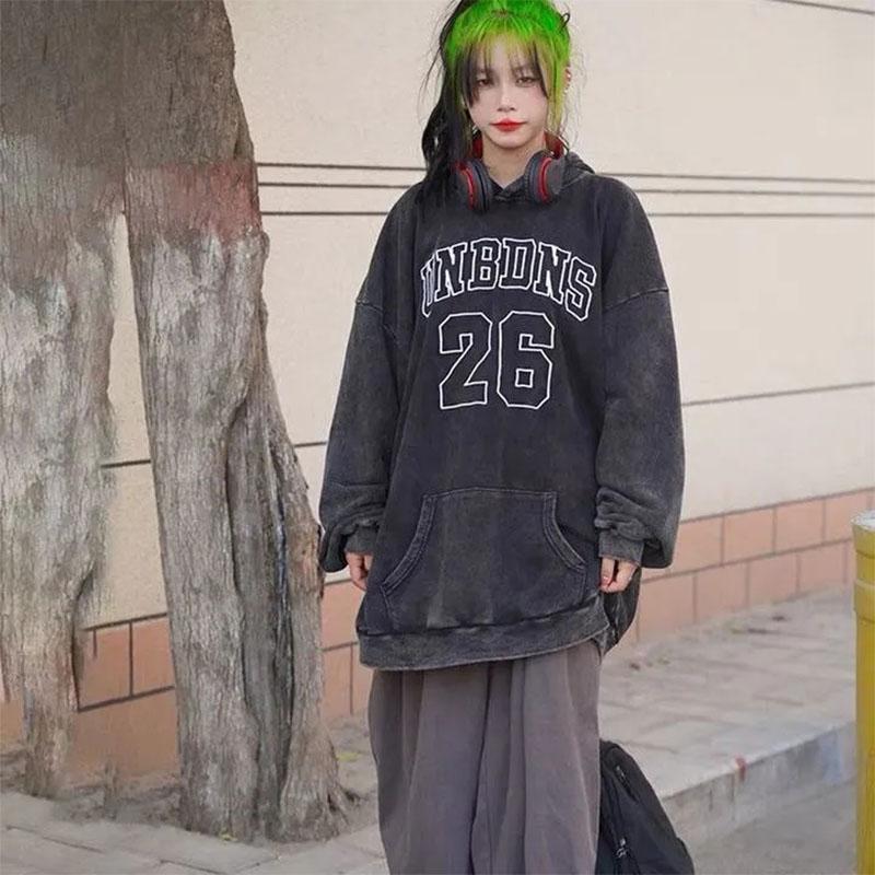 Men and Women Couple Hooded Sweater Hip-hop Loose Big Pocket Long-sleeved Pullover Sweater Oversize High Street Tie-dye Washed Retro Dark Top
