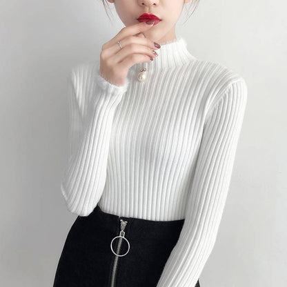 Pofulove Half Turtleneck Sweaters Women Autumn Winter Fashion Slim Long-sleeved Bottoming Sweater