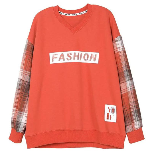 Sweatshirts Women's Spring and Autumn Large Size Loose V-neck Letter Printing Casual Plaid Stitching Long-sleeved Sweater