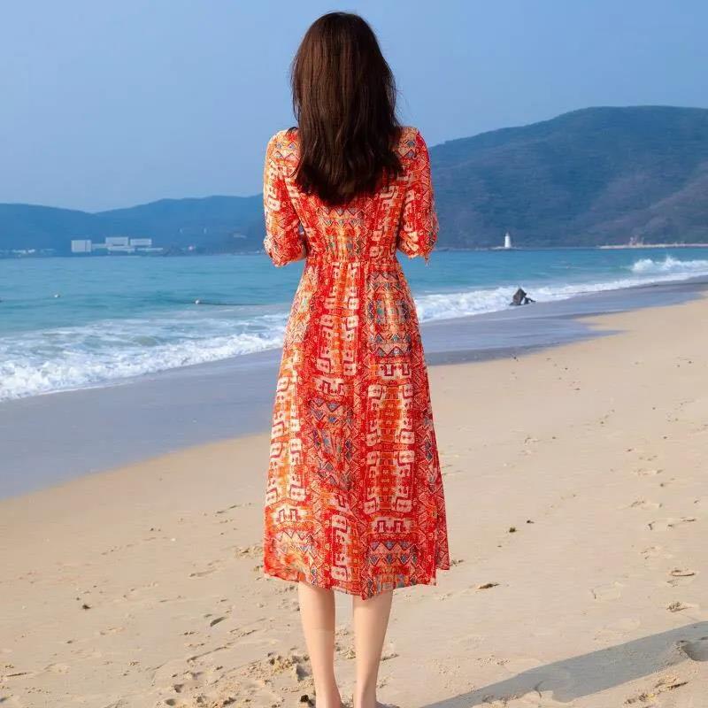 Women's Summer Plus Size Dress Loose Long Dress Printing Slim A-line Skirt