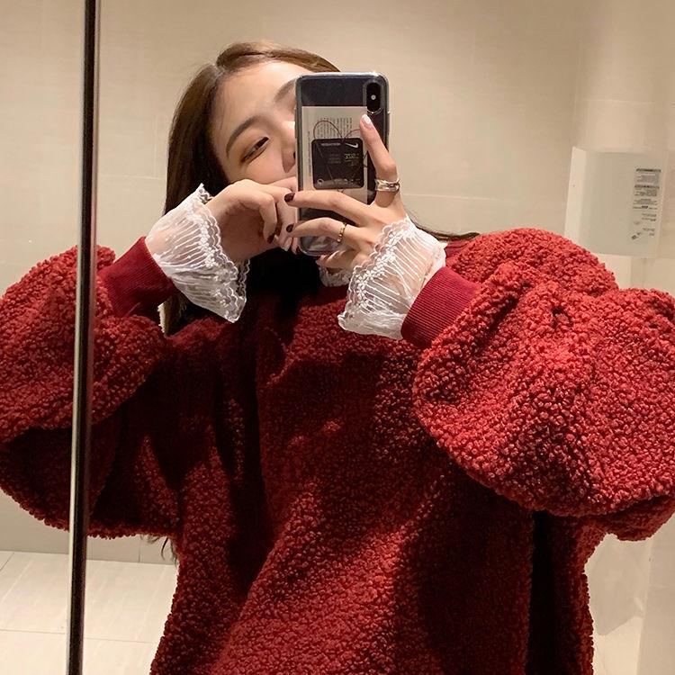 Pofulove Weater Women Loose Coat Winter Fake Two Lace Christmas Plus Velvet Thickened Lamb Sweater S