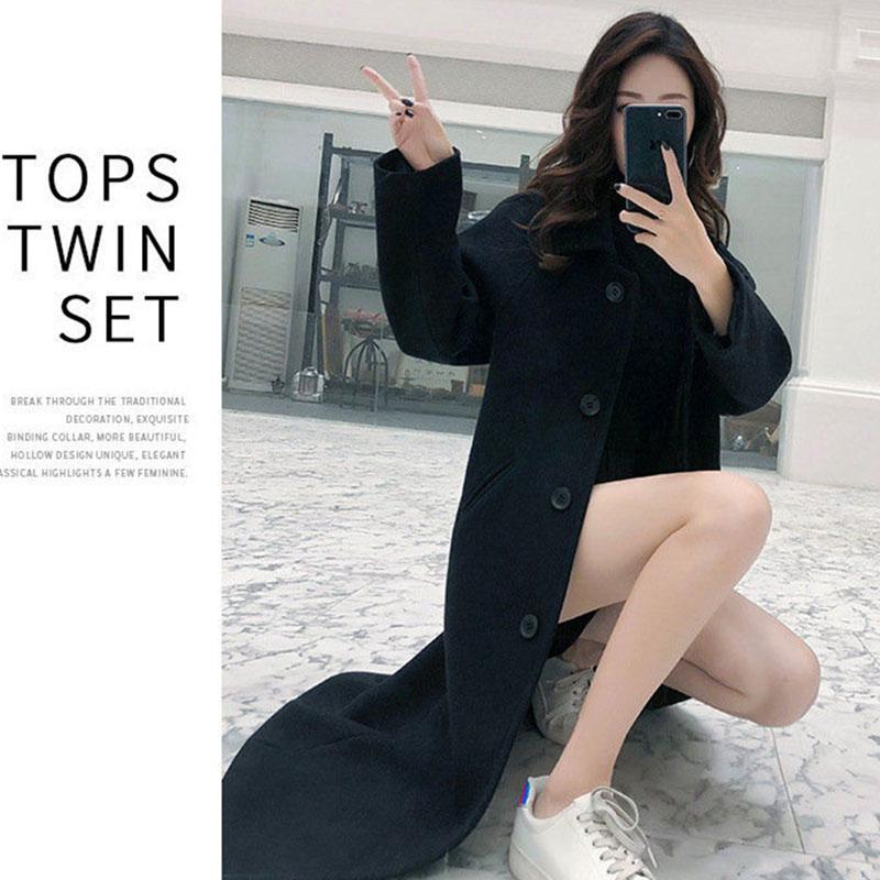 Woolen Coat Women's Mid-length Autumn and Winter Clothes Korean Style Solid Color Loose Casual Over-the-knee Woolen Coat