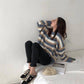 Pofulove  Wild Bottoming Sweater Winter New Loose Contrast Striped Sweater Women's Sweatshirt
